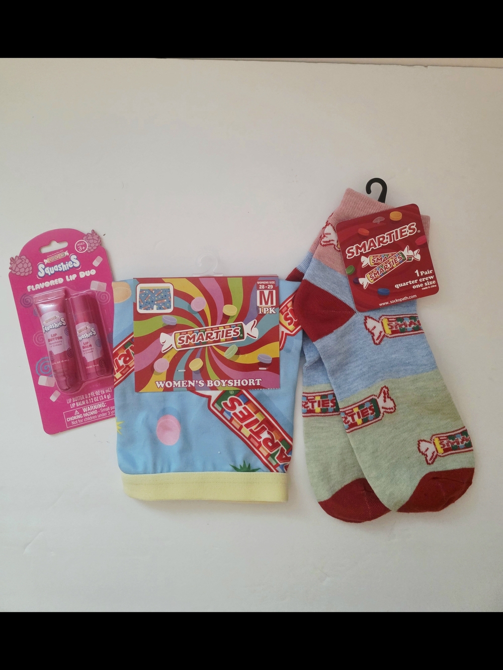 Women’s Smarties Candy Boyshort, Socks, Lip Butter & Lip Balm Small Gift Set NWT